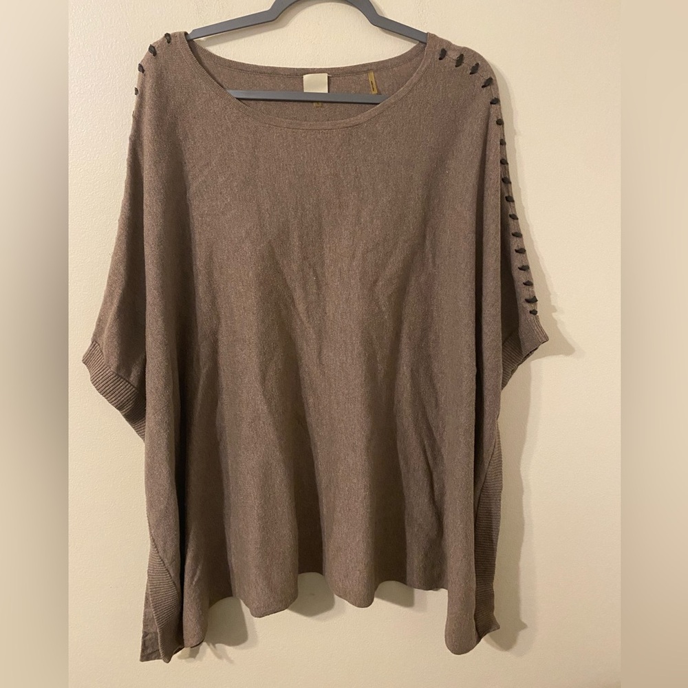 Womens Ecru‎ Brand Beige Tan Black Accent Poncho Size Large
